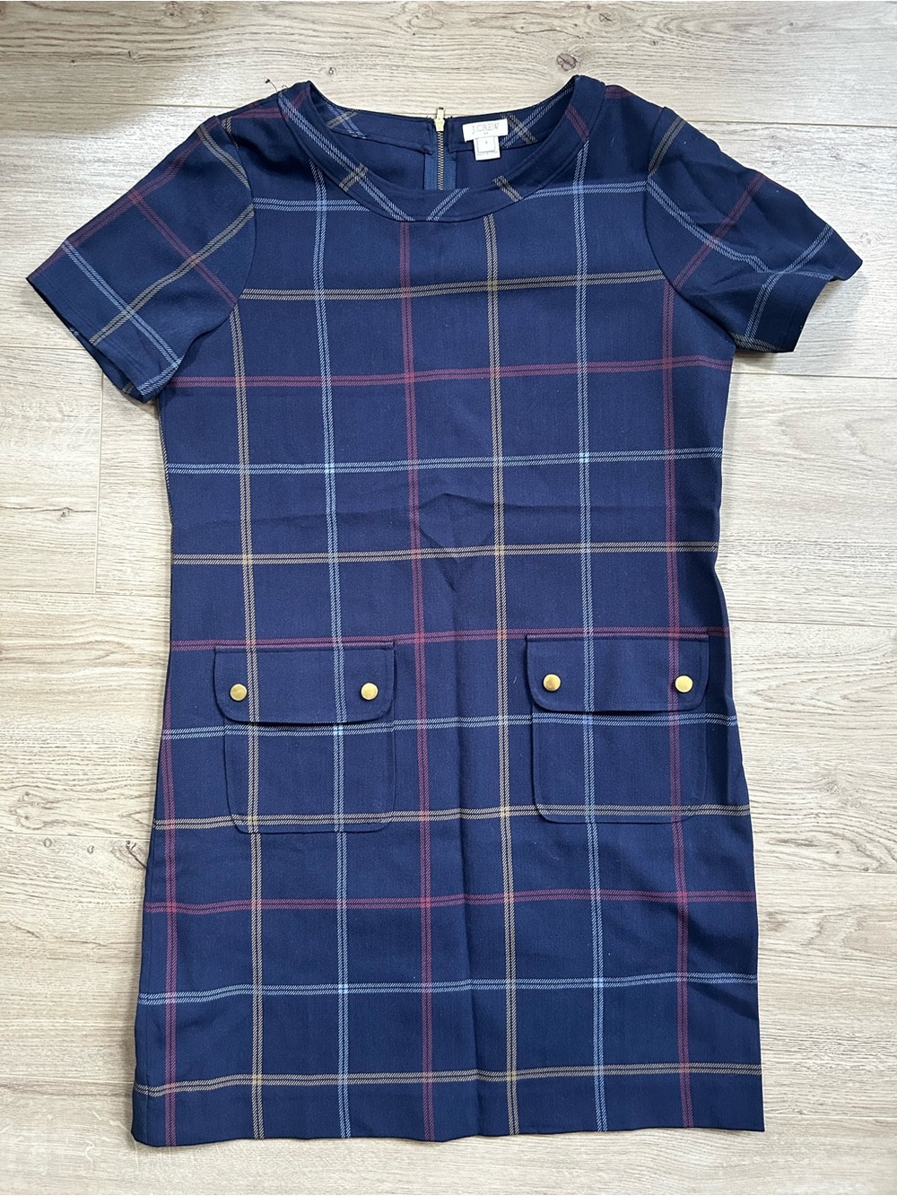 J. Crew Navy Plaid Short-Sleeve Shift Dress with Gold-Tone Pocket Buttons